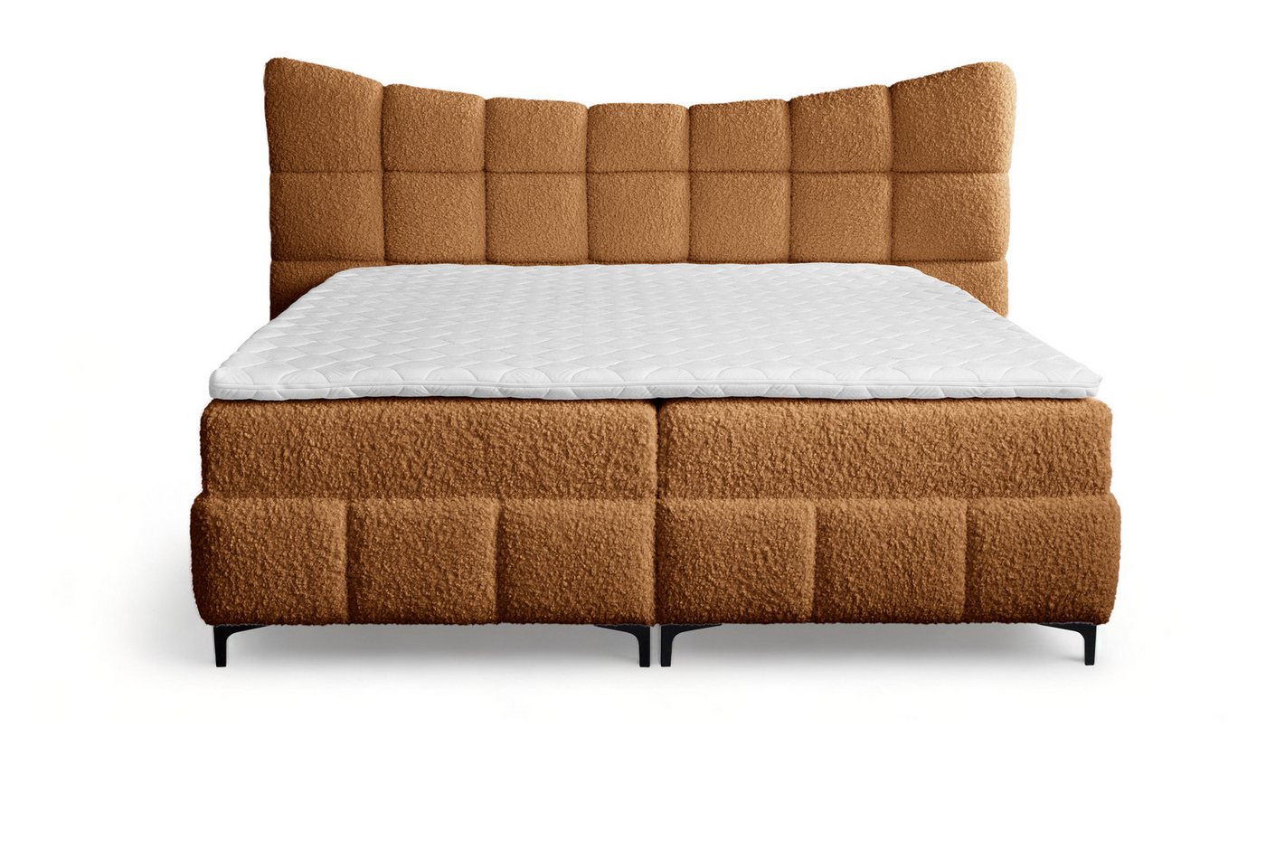 Furnix Boxspringbett Blosom 120/140/160/180x200 Doppelbett mit Topper und Metalfüßen, kuscheliger Bouclé Bezug, modern geschwungenes Kopfteil von Furnix