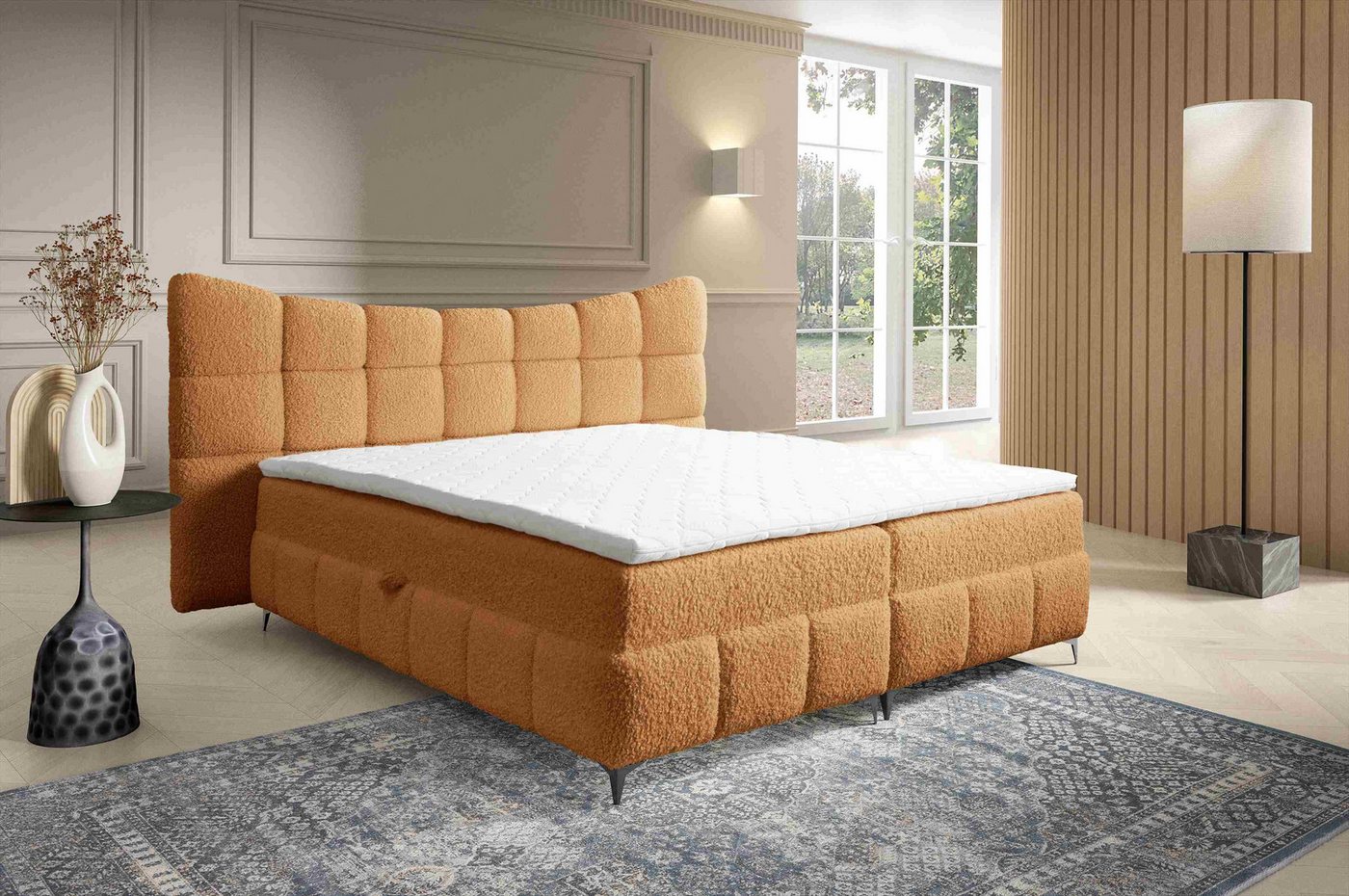 Furnix Boxspringbett Blosom 120/140/160/180x200 Doppelbett mit Topper und Metalfüßen, kuscheliger Bouclé Bezug, modern geschwungenes Kopfteil von Furnix