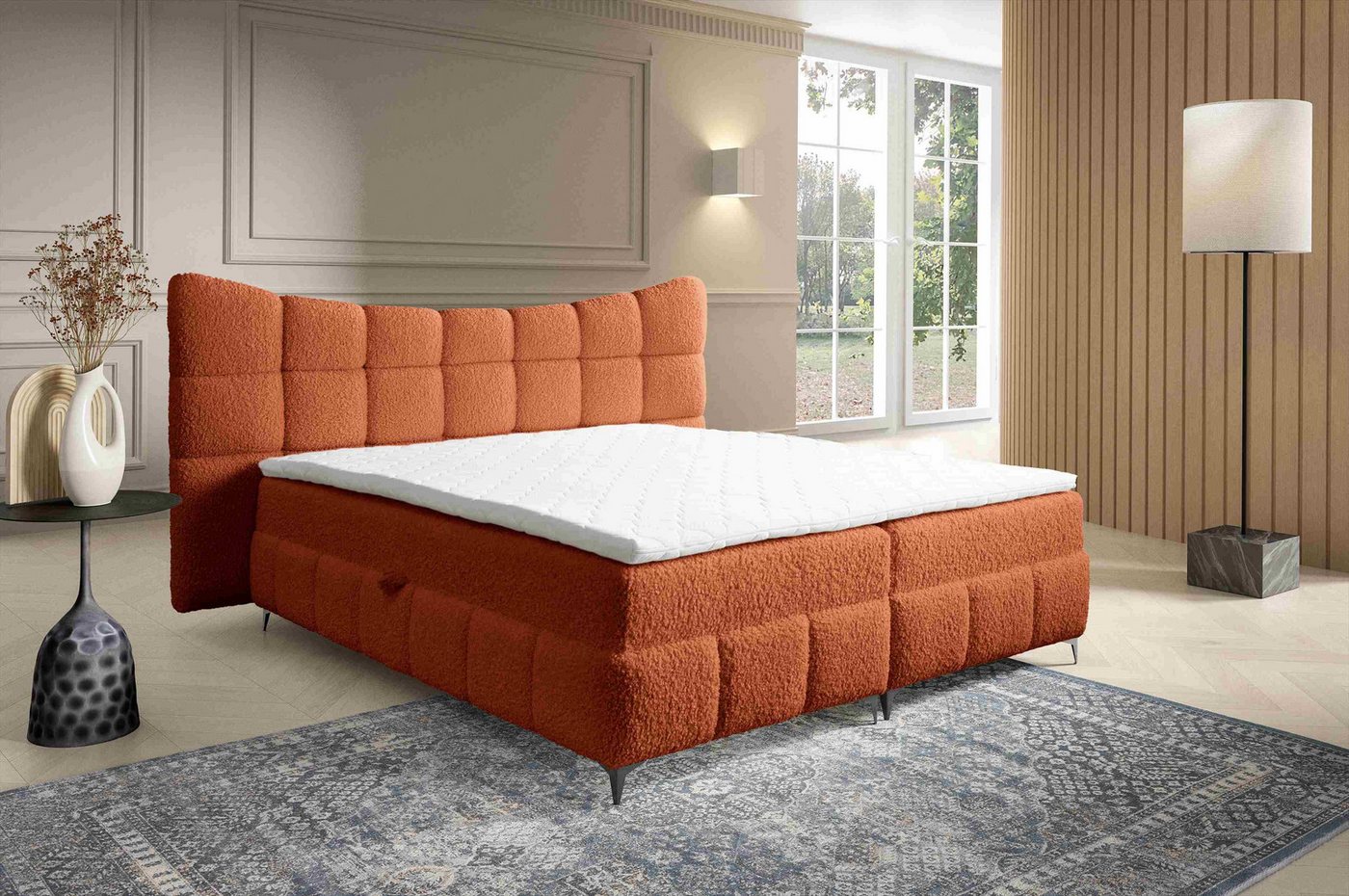 Furnix Boxspringbett Blosom 120/140/160/180x200 Doppelbett mit Topper und Metalfüßen, kuscheliger Bouclé Bezug, modern geschwungenes Kopfteil von Furnix