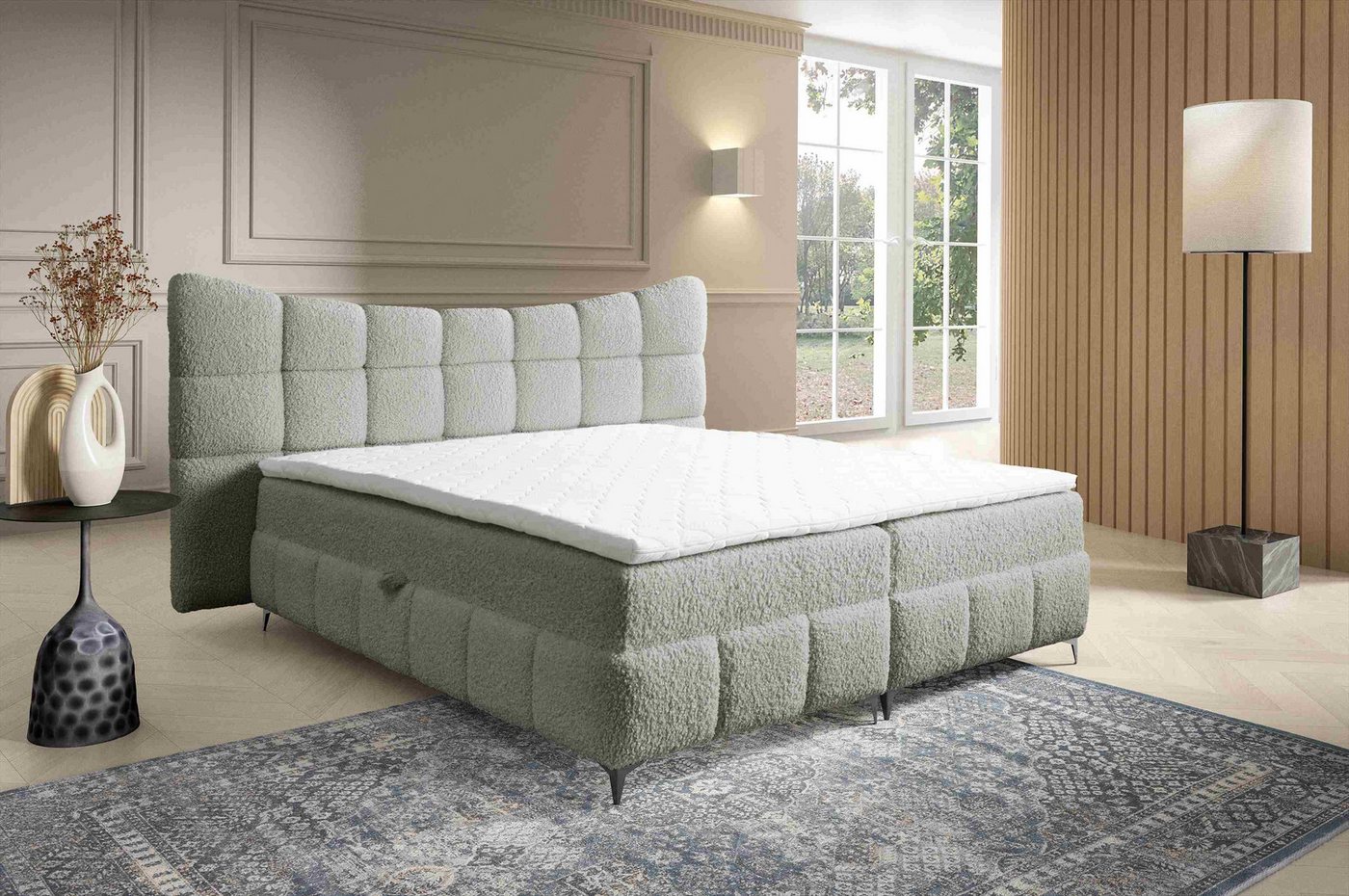 Furnix Boxspringbett Blosom 120/140/160/180x200 Doppelbett mit Topper und Metalfüßen, kuscheliger Bouclé Bezug, modern geschwungenes Kopfteil von Furnix