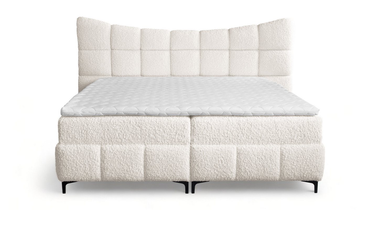 Furnix Boxspringbett Blosom 120/140/160/180x200 Doppelbett mit Topper und Metalfüßen, kuscheliger Bouclé Bezug, modern geschwungenes Kopfteil von Furnix