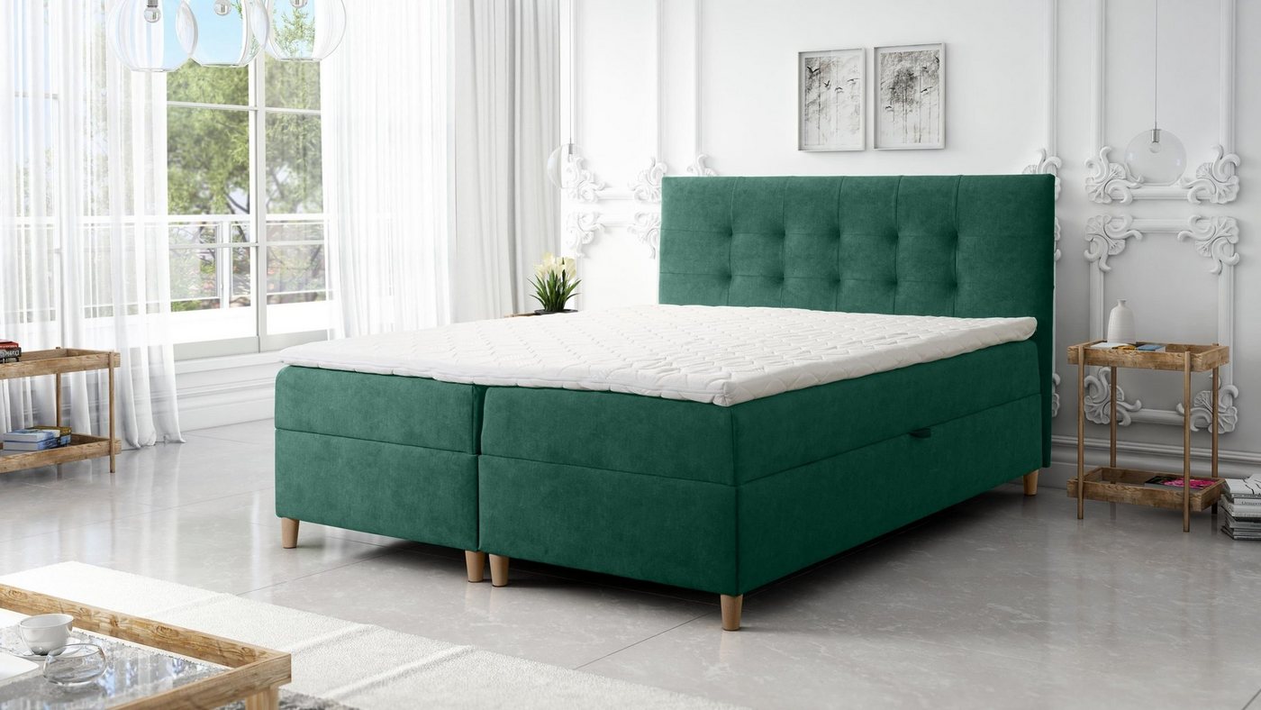 Furnix Boxspringbett DEISE 120/140/160/180/200x200 Doppelbett mit Topper und Holzfüßen, strapazierfähiger, hochwertiger Polsterstoff von Furnix