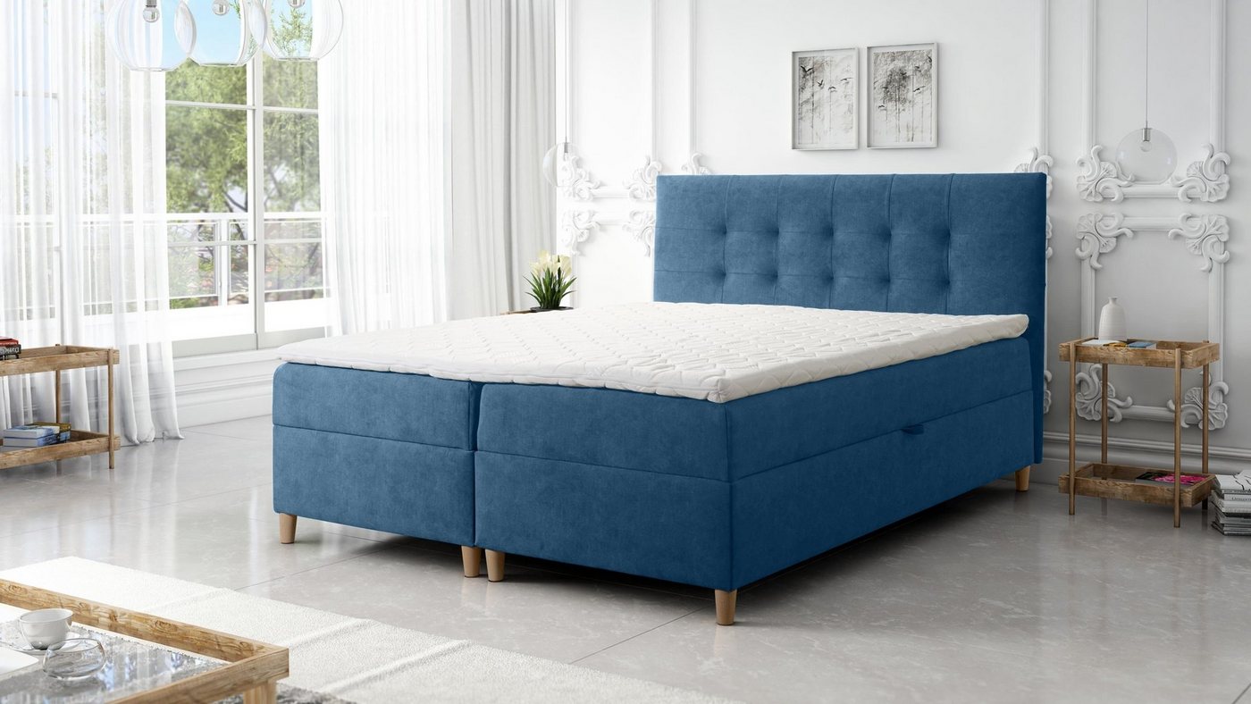 Furnix Boxspringbett DEISE 120/140/160/180/200x200 Doppelbett mit Topper und Holzfüßen, strapazierfähiger, hochwertiger Polsterstoff von Furnix