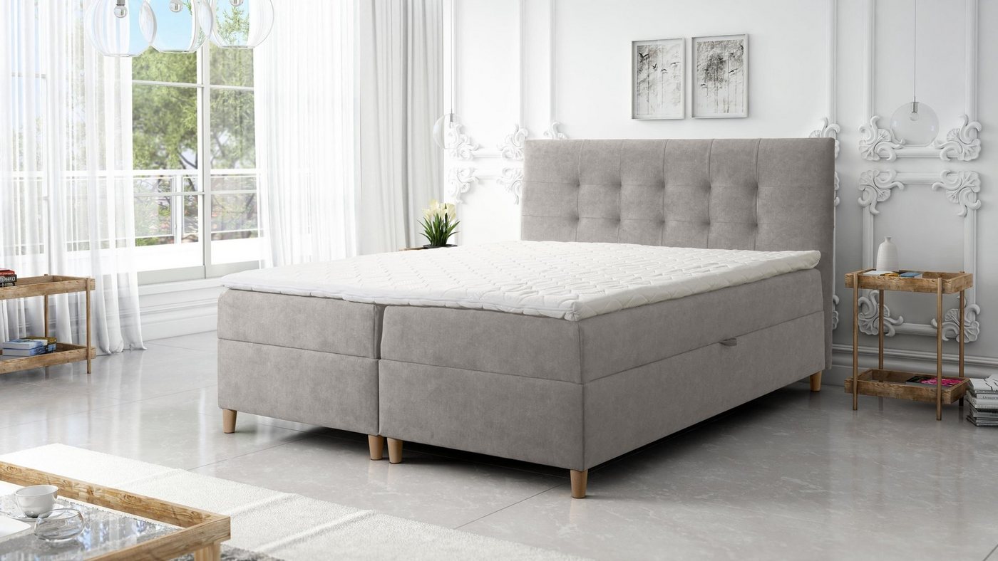 Furnix Boxspringbett DEISE 120/140/160/180/200x200 Doppelbett mit Topper und Holzfüßen, strapazierfähiger, hochwertiger Polsterstoff von Furnix