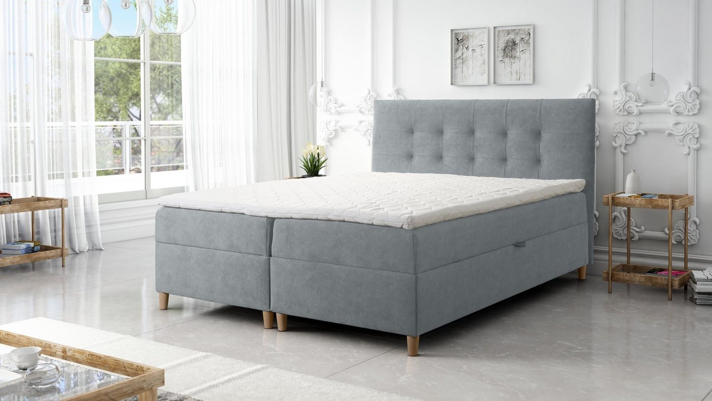 Furnix Boxspringbett DEISE 120/140/160/180/200x200 Doppelbett mit Topper und Holzfüßen, strapazierfähiger, hochwertiger Polsterstoff von Furnix