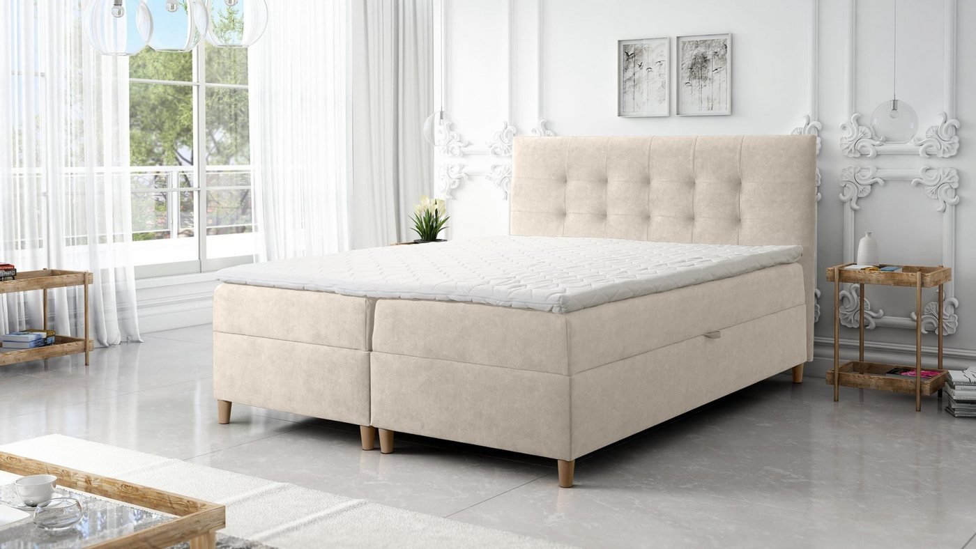 Furnix Boxspringbett DEISE 120/140/160/180/200x200 Doppelbett mit Topper und Holzfüßen, strapazierfähiger, hochwertiger Polsterstoff von Furnix