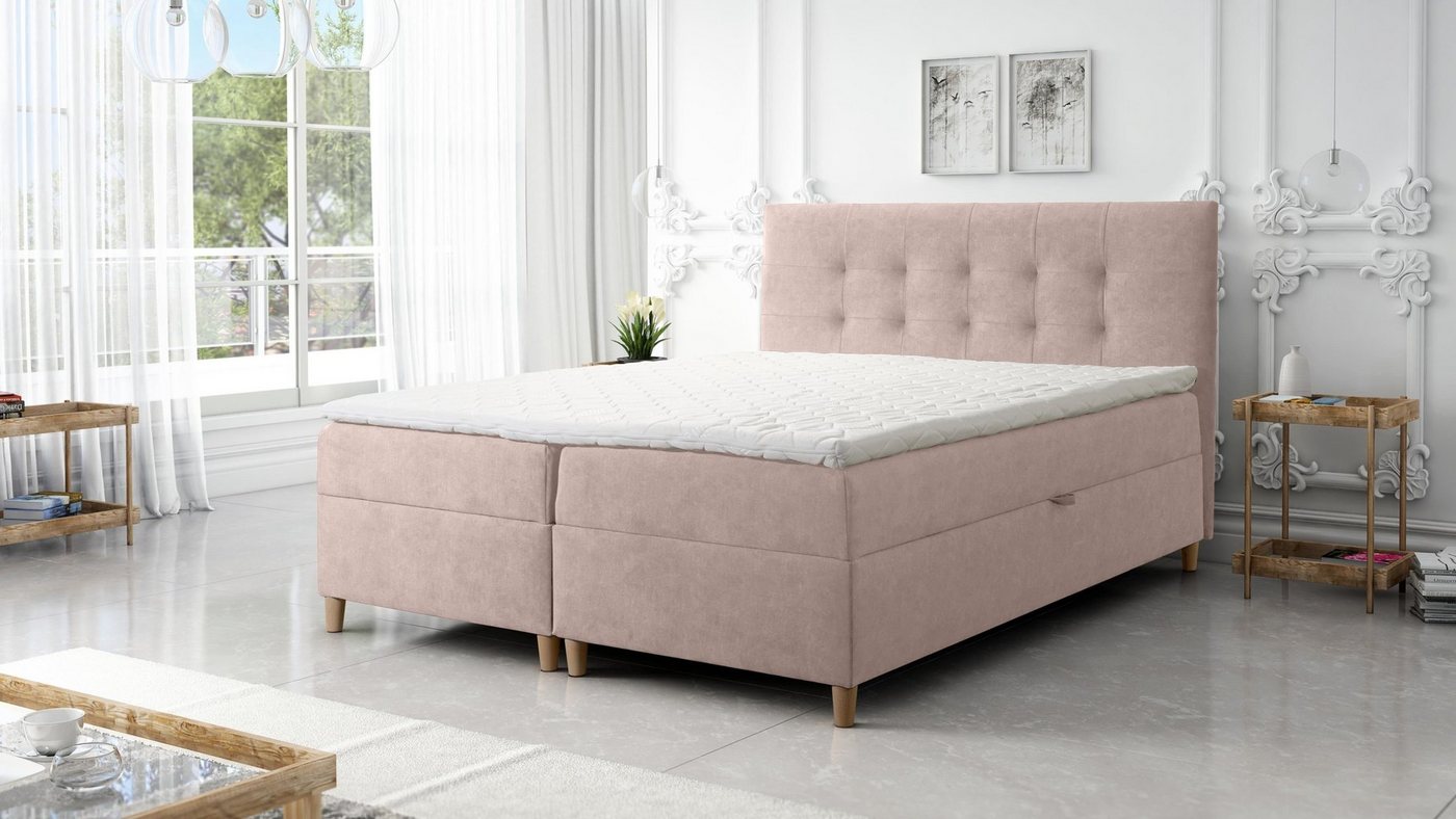 Furnix Boxspringbett DEISE 120/140/160/180/200x200 Doppelbett mit Topper und Holzfüßen, strapazierfähiger, hochwertiger Polsterstoff von Furnix