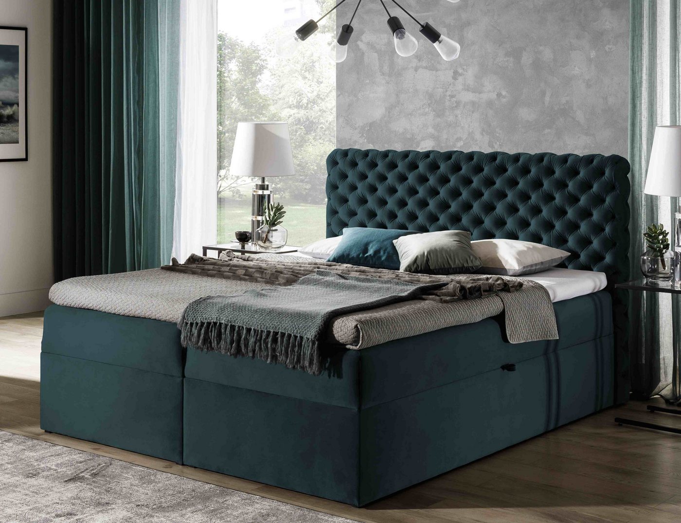 Furnix Boxspringbett HAILEY 120/140/160/180/200x200 mit zwei tiefen Bettkästen und Topper, Gasdruckfedern-Öffnungsautomatik, Bonell-Federkern H3 von Furnix