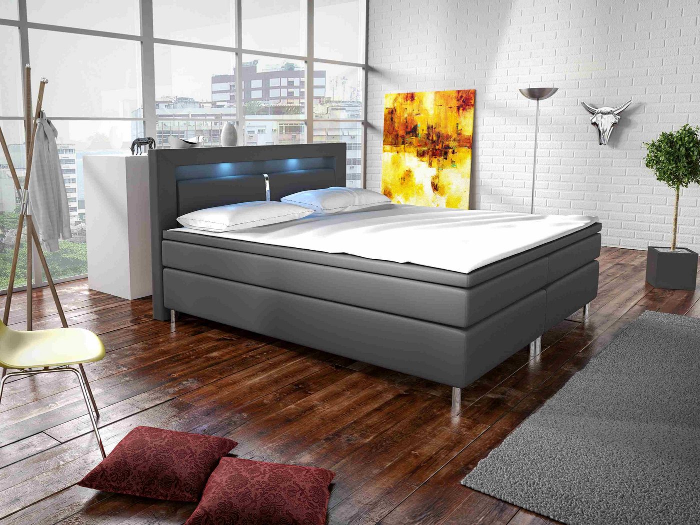 Furnix Boxspringbett Hailyn 140/160/180x200 cm Doppelbett mit Topper und LED Eco-Leder, mit LED Beleuchtung von Furnix