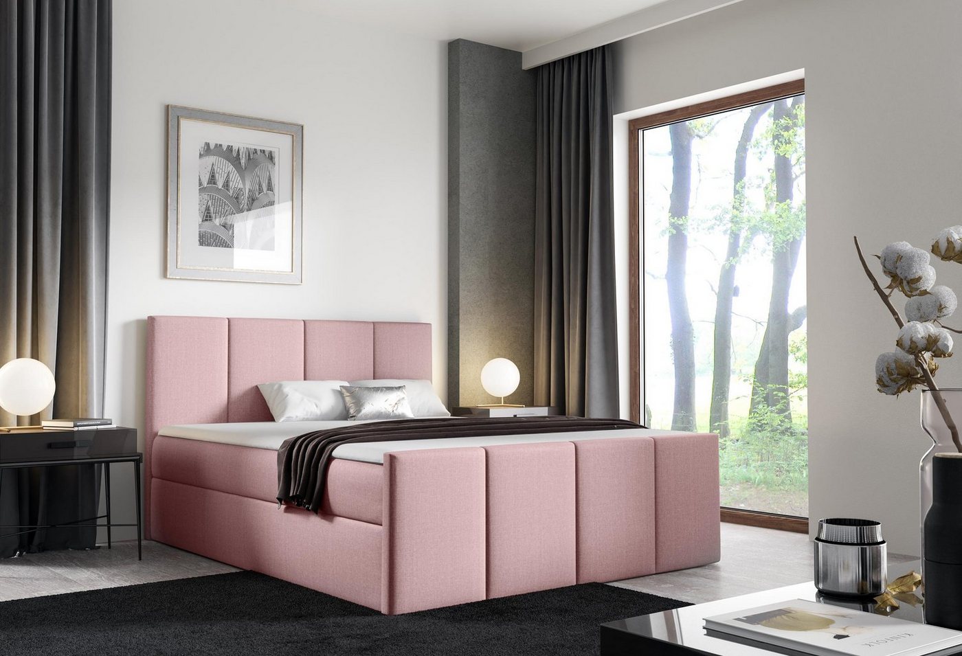 Furnix Boxspringbett LARSH 120-200x200 Doppelbett mit Topper & Bettkasten Leinenoptik, pflegeleichter Polsterstoff, Kopfteil mit moderner Steppung von Furnix