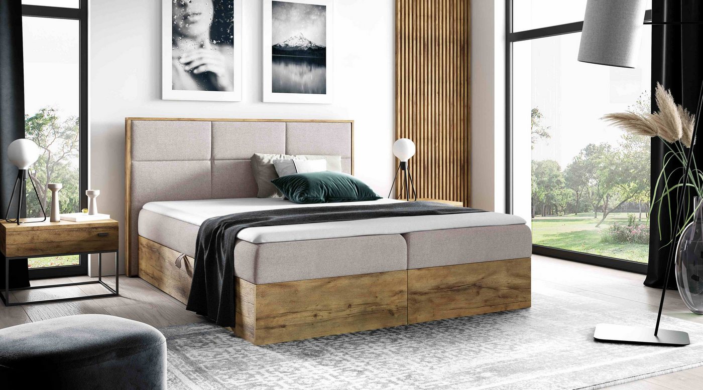 Furnix Boxspringbett Redos 120-200x200 Bett in Duo-Optik mit Bettkasten und Topper, moderne Optik, gepolstertes Kopfteil, pflegeleicht von Furnix