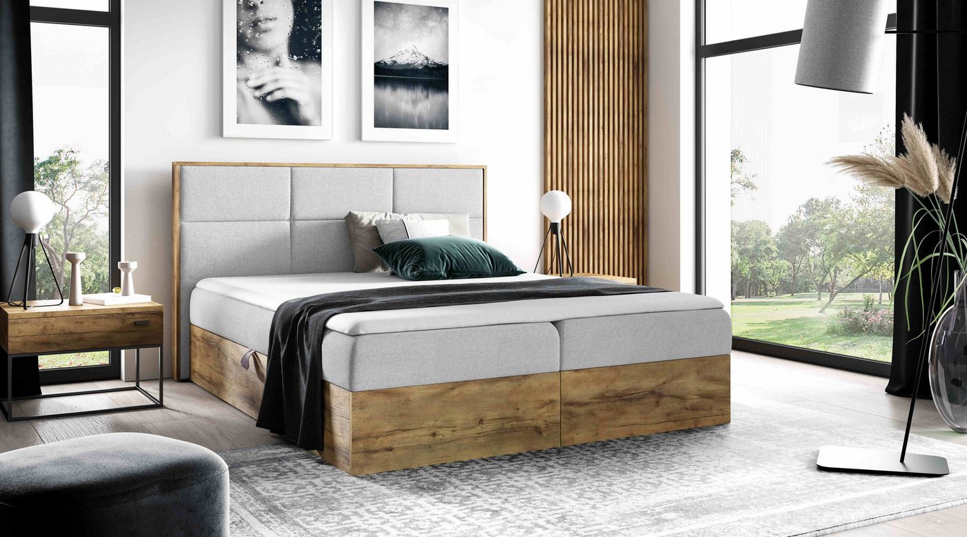 Furnix Boxspringbett Redos 120-200x200 Bett in Duo-Optik mit Bettkasten und Topper, moderne Optik, gepolstertes Kopfteil, pflegeleicht von Furnix