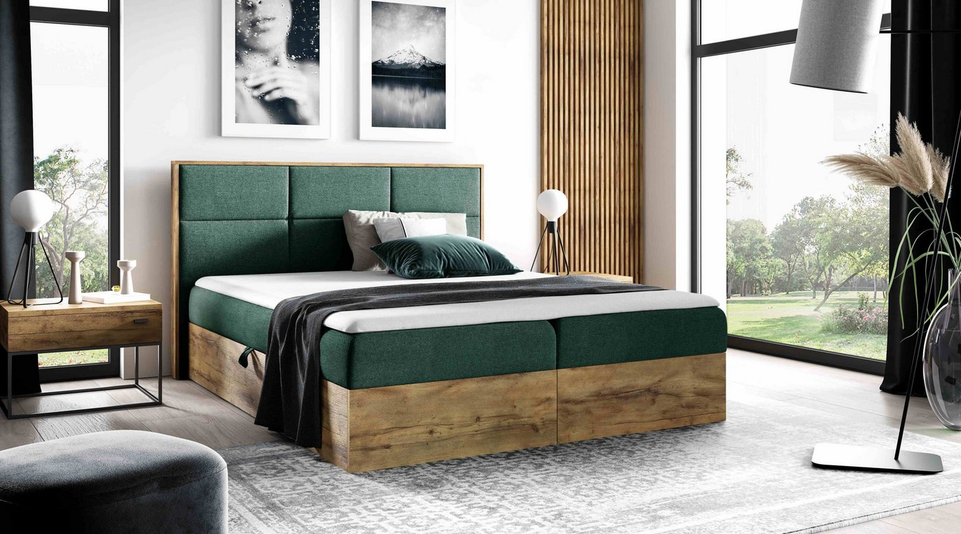 Furnix Boxspringbett Redos 120-200x200 Bett in Duo-Optik mit Bettkasten und Topper, moderne Optik, gepolstertes Kopfteil, pflegeleicht von Furnix