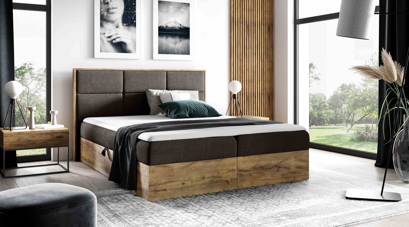 Furnix Boxspringbett Redos 120-200x200 Bett in Duo-Optik mit Bettkasten und Topper, moderne Optik, gepolstertes Kopfteil, pflegeleicht von Furnix