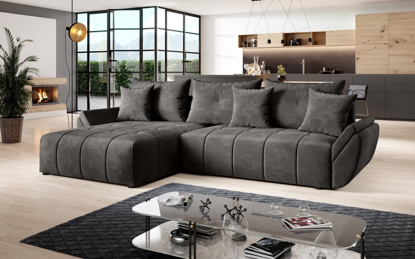 Furnix Ecksofa CALVANI-L Sofa mit Schlaffunktion Bettkasten Kissen Couch MH15 Braun, Kissen mit Reißverschluss, BxHxT: 280x91x190 cm von Furnix