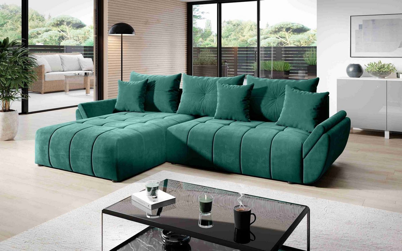 Furnix Ecksofa CALVANI-L Sofa mit Schlaffunktion Bettkasten Kissen Couch MH15 Braun, Kissen mit Reißverschluss, BxHxT: 280x91x190 cm von Furnix