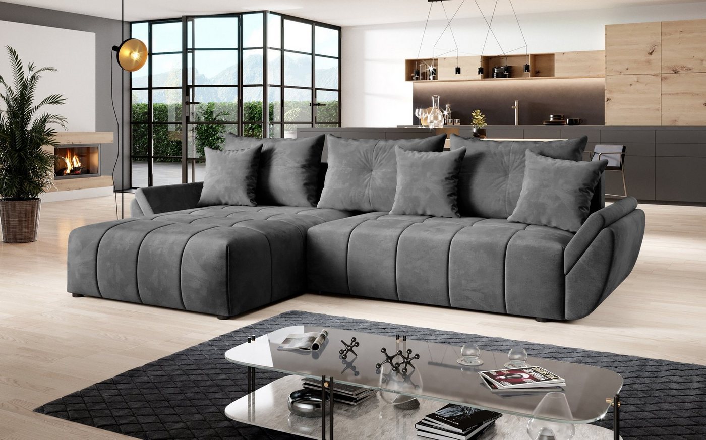 Furnix Ecksofa CALVANI-L Sofa mit Schlaffunktion Bettkasten Kissen Couch MH15 Braun, Kissen mit Reißverschluss, BxHxT: 280x91x190 cm von Furnix