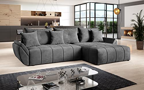 Furnix Ecksofa Calvani mit Schlaffunktion und Bettkasten - Couch Wohnzimmersofa mit Kissen - L-Form Sofa, Stellfüße in Chromoptik - B280 x T190 x H91 cm, Liegefläche 230 x 149 cm - EN 24 (grau) von Furnix