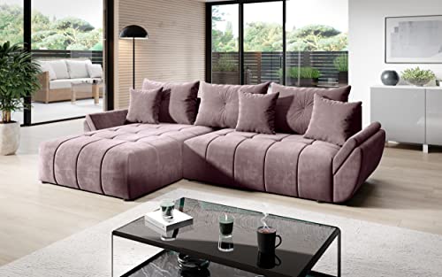 Furnix Ecksofa Calvani mit Schlaffunktion Bettkasten - Couch Wohnzimmersofa Kissen - L-Form Sofa, Stellfüße Chromoptik - B280 x T190 x H91 cm, Liegefläche 230 x 149 cm - MH 62 (rosa) von Furnix