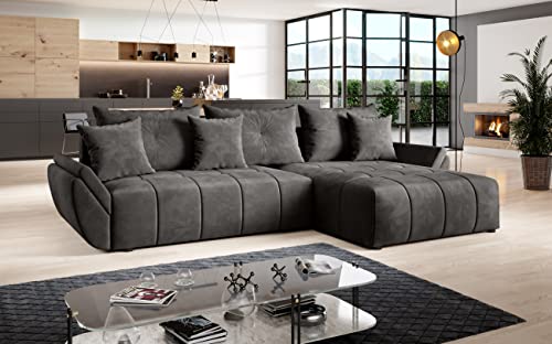 Furnix Ecksofa Calvani mit Schlaffunktion und Bettkasten - Couch Wohnzimmersofa mit Kissen - L-Form Sofa, Stellfüße in Chromoptik - B280 x T190 x H91 cm, Liegefläche 230 x 149 cm - EN 25 (anthrazit) von Furnix