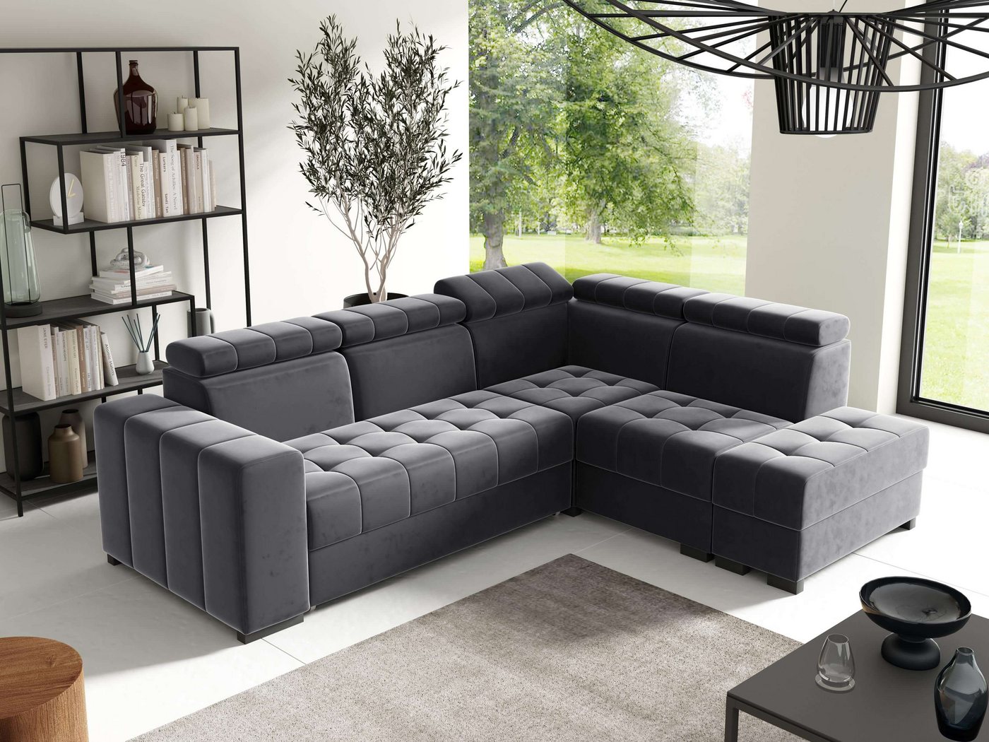 Furnix Ecksofa LIENNE Schlafsofa Polstercouch mit verstellbaren Kopfstützen, 270x98x210 cm, Sitz-/ Liegehöhe 45 cm, Bettkasten von Furnix