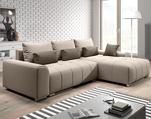 Furnix Ecksofa Loreta mit Schlaffunktion und Bettkasten - Couch L-Form Sofa mit Kissen - Stellfüße in Chromoptik - B260 x H98 x T179 cm, Liegefläche: 148 x 205 cm - MT11-24 (Beige) von Furnix