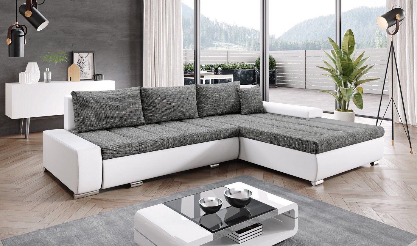 Furnix Ecksofa TOMMASO Sofa Schlaffunktion mit Bettkasten Kissen Couch, B297 x H85 x T210 cm, hochwertig, Made in EU von Furnix