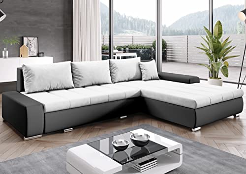 Furnix Ecksofa Tommaso mit Schlaffunktion Bettkasten - Couch Sofa Kissen - L-Form Sofa, Stellfüße Chromoptik - B297 x T210 x H85 cm, Liegefläche 255 x 150 cm - MA1100-CO119 (grau/schwarz) von Furnix