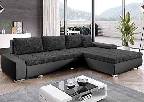 Furnix Ecksofa Tommaso mit Schlaffunktion Bettkasten - Couch Sofa Kissen - L-Form Sofa, Stellfüße Chromoptik - B297 x T210 x H85 cm, Liegefläche 255 x 150 cm - MA195-BE06 (Dunkelgrau/Grau) von Furnix