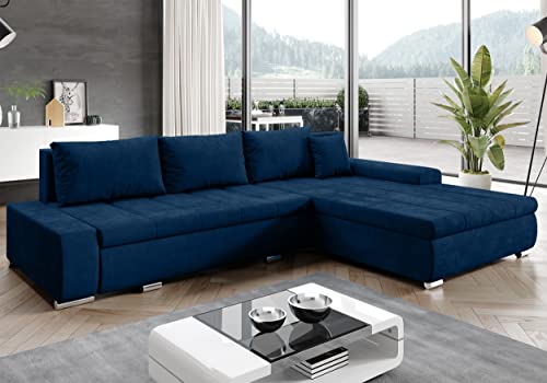 Furnix Ecksofa Tommaso mit Schlaffunktion und Bettkasten - Couch Sofa mit Kissen - L-Form Sofa, Stellfüße in Chromoptik - B297 x T210 x H85 cm, Liegefläche 255 x 150 cm - MH77 (blau) von Furnix