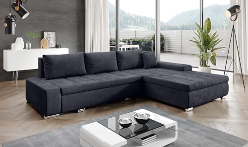 Furnix Ecksofa Tommaso mit Schlaffunktion und Bettkasten - Couch Sofa mit Kissen - L-Form Sofa, Stellfüße in Chromoptik - B297 x T210 x H85 cm, Liegefläche 255 x 150 cm - MH97 (schwarz) von Furnix