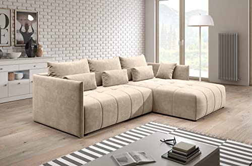 Furnix Ecksofa Yalta mit Schlaffunktion und Bettkasten - Couch L-Form Sofa mit Kissen - Stellfüße in Chromoptik - B245 x H83 x T182 cm, Liegefläche: 147 x 232 cm - MH02 (Beige) von Furnix