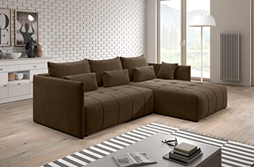 Furnix Ecksofa Yalta mit Schlaffunktion und Bettkasten - Couch L-Form Sofa mit Kissen - Stellfüße in Chromoptik - B245 x H83 x T182 cm, Liegefläche: 147 x 232 cm - MH20 (Braun) von Furnix