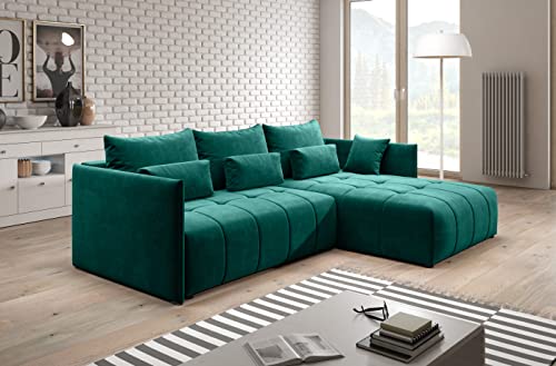 Furnix Ecksofa Yalta mit Schlaffunktion und Bettkasten - Couch L-Form Sofa mit Kissen - Stellfüße in Chromoptik - B245 x H83 x T182 cm, Liegefläche: 147 x 232 cm - MH37 (Grün) von Furnix