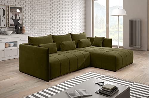 Furnix Ecksofa Yalta mit Schlaffunktion und Bettkasten - Couch L-Form Sofa mit Kissen - Stellfüße in Chromoptik - B245 x H83 x T182 cm, Liegefläche: 147 x 232 cm - MH38 (Moos-Gruen) von Furnix