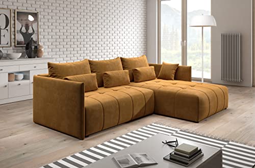 Furnix Ecksofa Yalta mit Schlaffunktion und Bettkasten - Couch L-Form Sofa mit Kissen - Stellfüße in Chromoptik - B245 x H83 x T182 cm, Liegefläche: 147 x 232 cm - MH48 (Gold-Braun) von Furnix