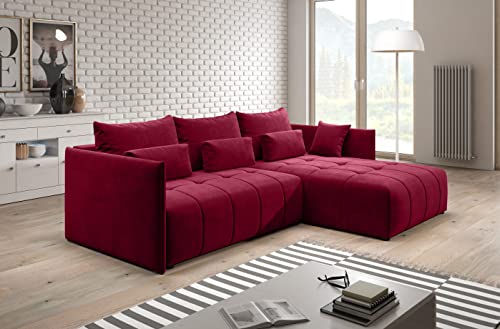 Furnix Ecksofa Yalta mit Schlaffunktion und Bettkasten - Couch L-Form Sofa mit Kissen - Stellfüße in Chromoptik - B245 x H83 x T182 cm, Liegefläche: 147 x 232 cm - MH59 (Rot) von Furnix