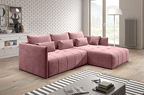 Furnix Ecksofa Yalta mit Schlaffunktion und Bettkasten - Couch L-Form Sofa mit Kissen - Stellfüße in Chromoptik - B245 x H83 x T182 cm, Liegefläche: 147 x 232 cm - MH63 (Rosa) von Furnix