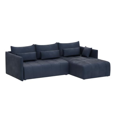 Furnix Ecksofa Yalta mit Schlaffunktion und Bettkasten - Couch L-Form Sofa mit Kissen - Stellfüße in Chromoptik - B245 x H83 x T182 cm, Liegefläche: 147 x 232 cm - MH77 (Dunkelblau) von Furnix