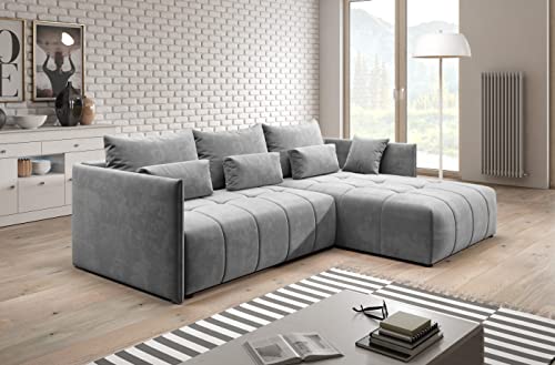 Furnix Ecksofa Yalta mit Schlaffunktion und Bettkasten - Couch L-Form Sofa mit Kissen - Stellfüße in Chromoptik - B245 x H83 x T182 cm, Liegefläche: 147 x 232 cm - MH85 (Hellgrau) von Furnix