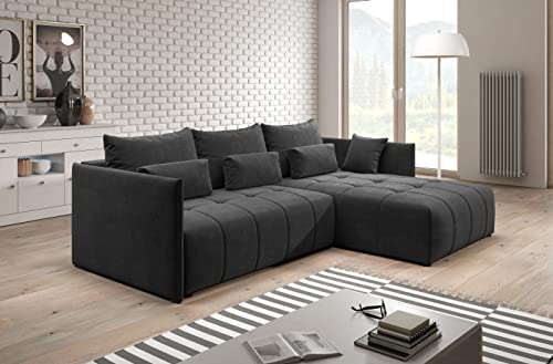 Furnix Ecksofa Yalta mit Schlaffunktion und Bettkasten - Couch L-Form Sofa mit Kissen - Stellfüße in Chromoptik - B245 x H83 x T182 cm, Liegefläche: 147 x 232 cm - MH95 (Dunkelgrau) von Furnix