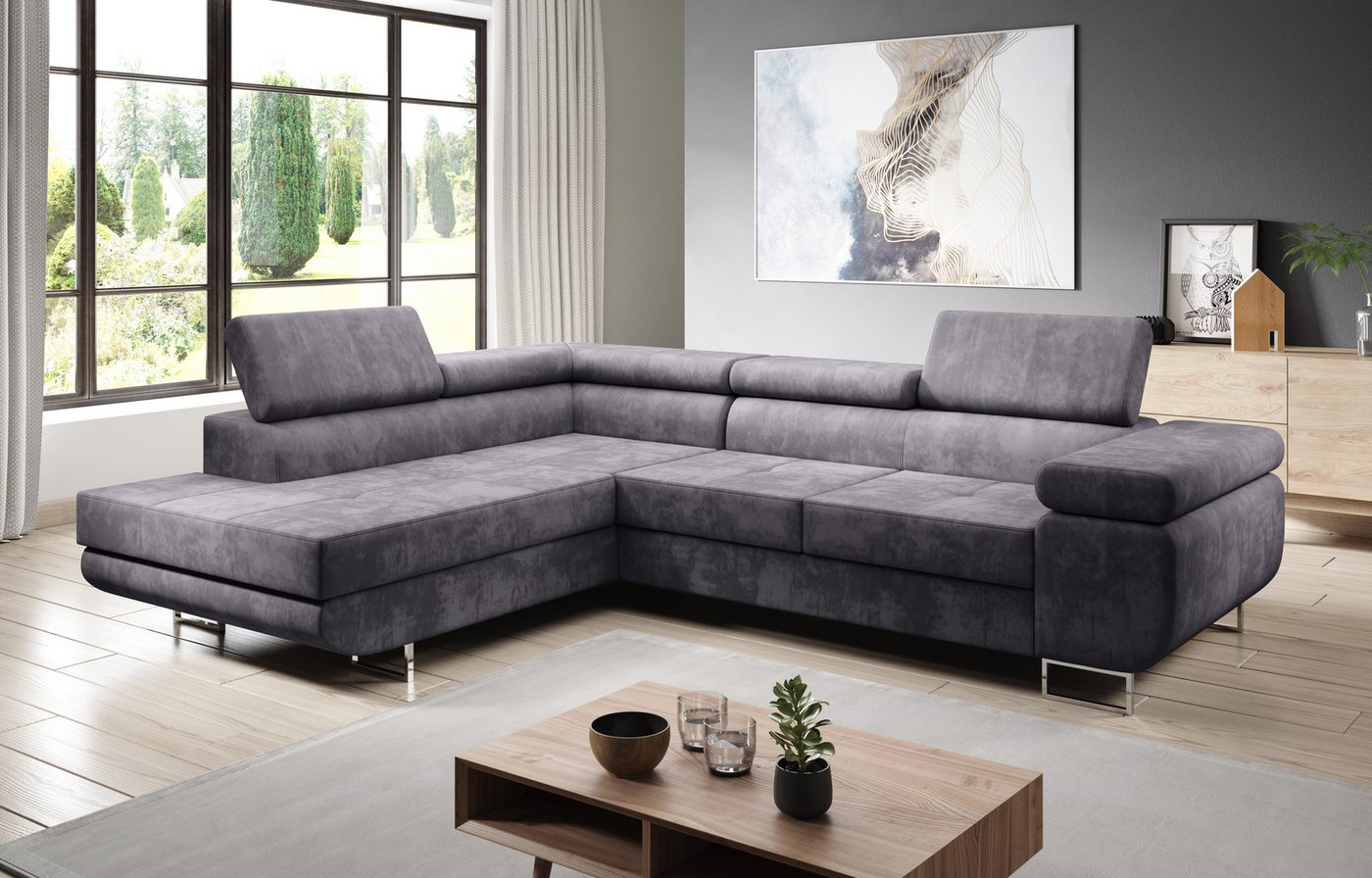 Furnix Ecksofa ZANTE Sofa mit Schlaffunktion Bettkasten und verstellbaren Kopfstützen, hochwertige Polsterstoffe, Stellfüße in Chromoptik von Furnix