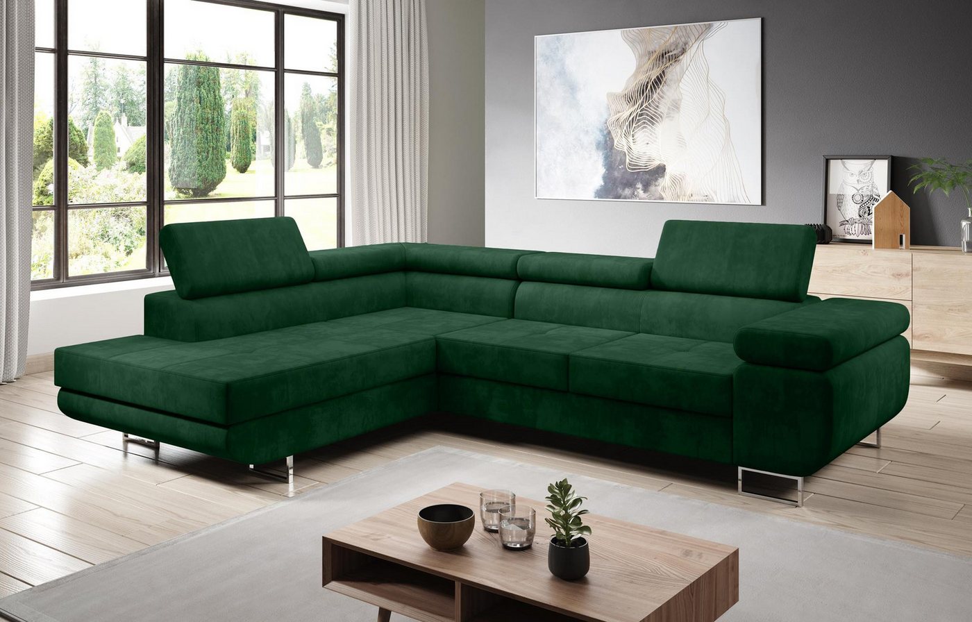 Furnix Ecksofa ZANTE Sofa mit Schlaffunktion Bettkasten und verstellbaren Kopfstützen, hochwertige Polsterstoffe, Stellfüße in Chromoptik von Furnix