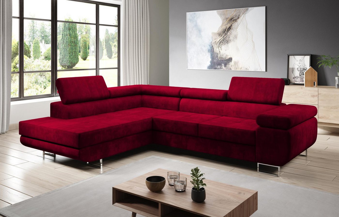 Furnix Ecksofa ZANTE Sofa mit Schlaffunktion Bettkasten und verstellbaren Kopfstützen, hochwertige Polsterstoffe, Stellfüße in Chromoptik von Furnix