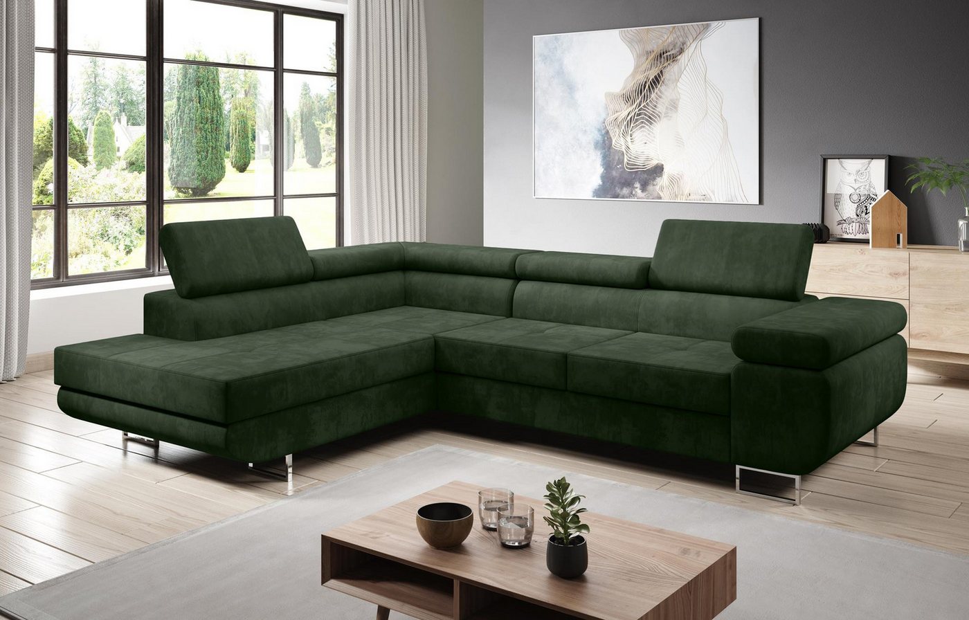 Furnix Ecksofa ZANTE Sofa mit Schlaffunktion Bettkasten und verstellbaren Kopfstützen, hochwertige Polsterstoffe, Stellfüße in Chromoptik von Furnix