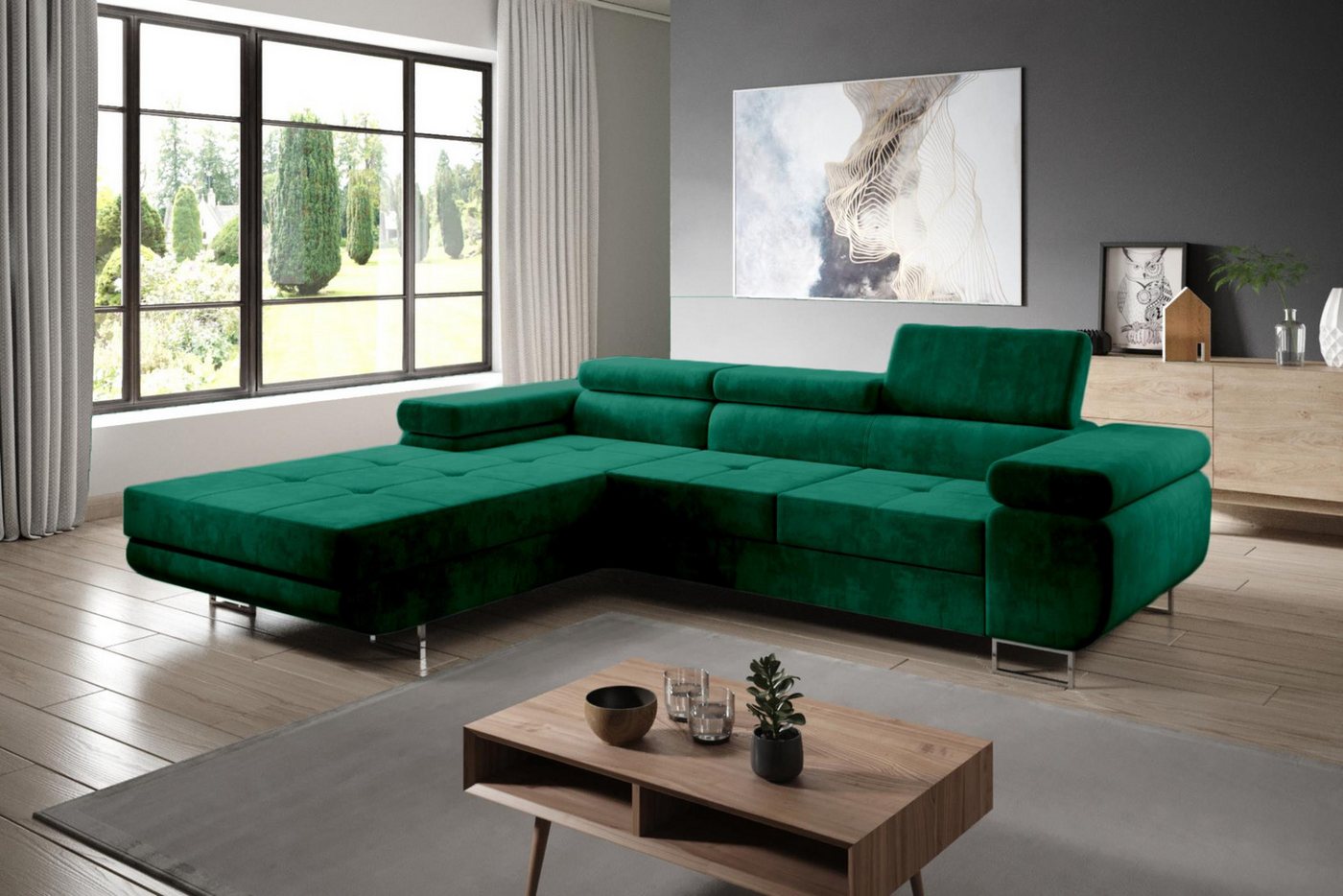 Furnix Ecksofa ZANTE Sofa mit Schlaffunktion Ottomane und verstellbaren Kopfstützen, Liegefläche 125x198 cm, Bettkasten, hochwertiger Polsterstoff von Furnix