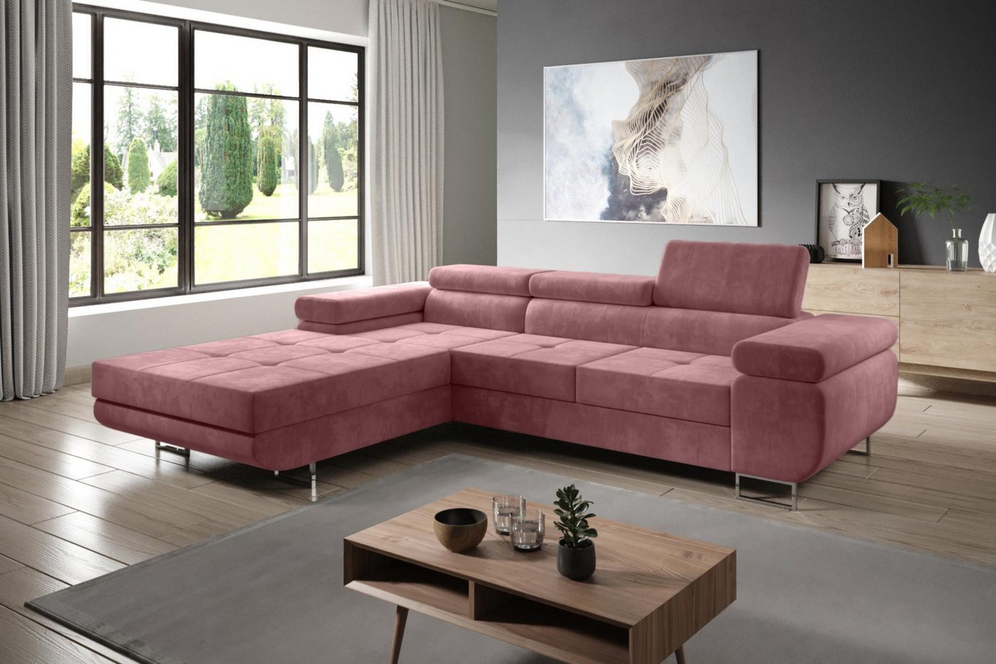 Furnix Ecksofa ZANTE Sofa mit Schlaffunktion Ottomane und verstellbaren Kopfstützen, Liegefläche 125x198 cm, Bettkasten, hochwertiger Polsterstoff von Furnix