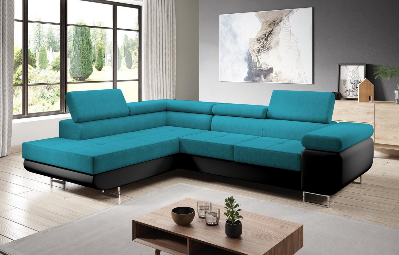 Furnix Ecksofa Zante Eckcouch L-Form Sofa mit Schlaffunktion Eco-Leder-Kuschelstoff, Maße BxHxT: 275x90x202 cm, Bettkasten, verstellbare Kopfstützen von Furnix