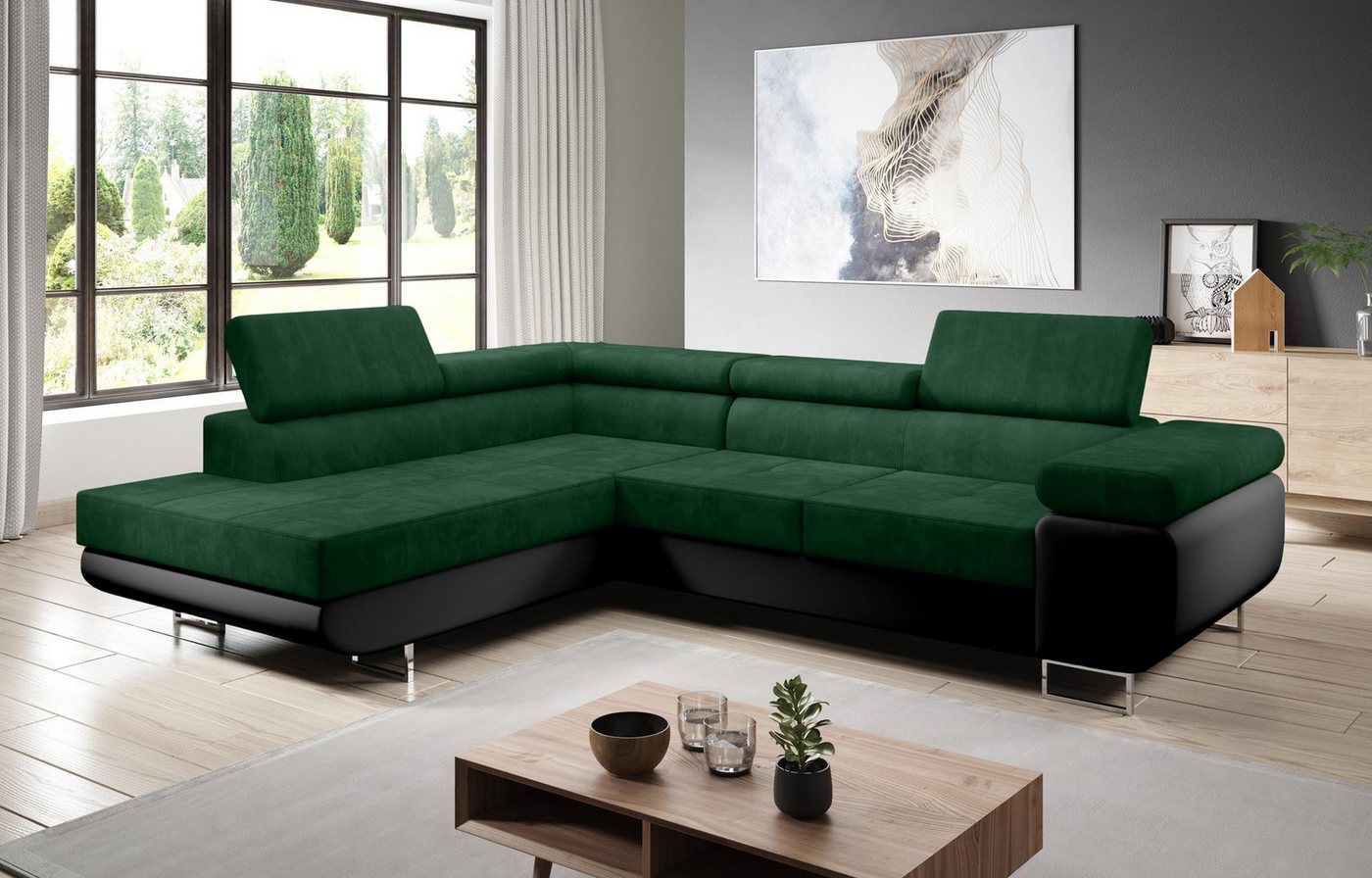 Furnix Ecksofa Zante Eckcouch L-Form Sofa mit Schlaffunktion Eco-Leder-Kuschelstoff, Maße BxHxT: 275x90x202 cm, Bettkasten, verstellbare Kopfstützen von Furnix