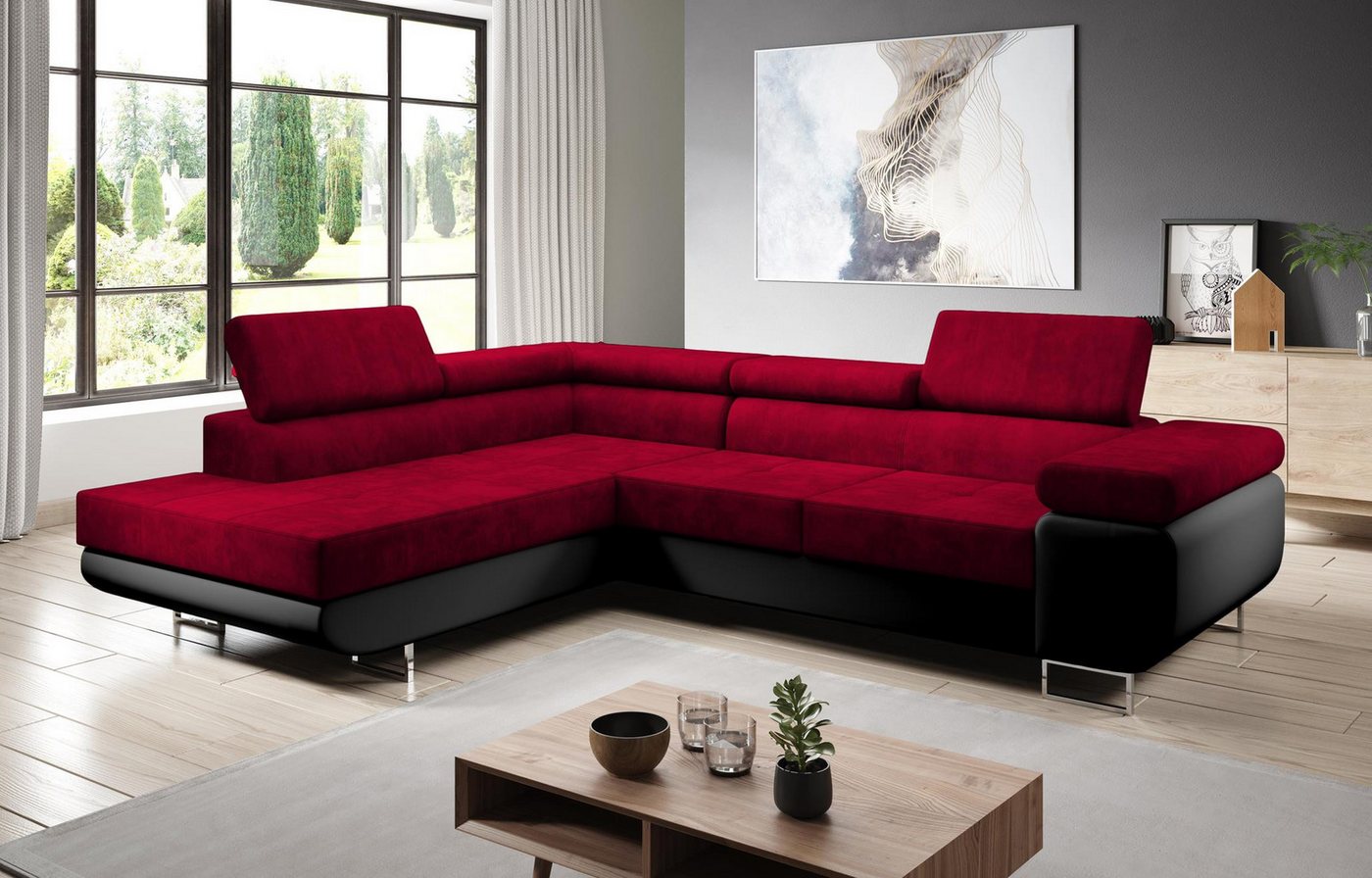 Furnix Ecksofa Zante Eckcouch L-Form Sofa mit Schlaffunktion Eco-Leder-Kuschelstoff, Maße BxHxT: 275x90x202 cm, Bettkasten, verstellbare Kopfstützen von Furnix